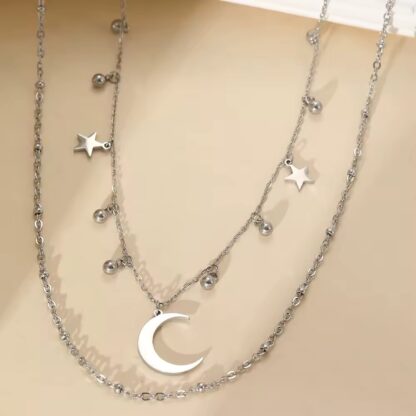 collier deux chaines avec lune en acier inoxydable