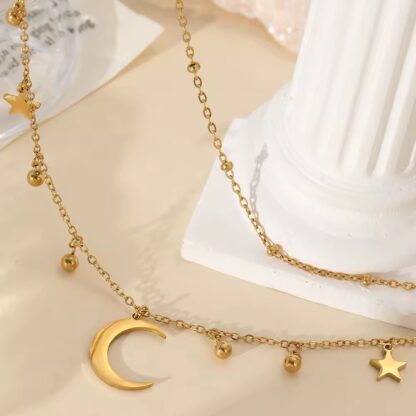 collier deux chaines avec lune en acier inoxydable