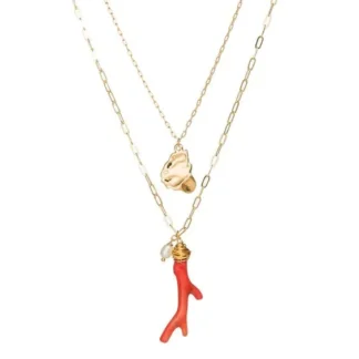 sautoir double rang avec pendentif corail