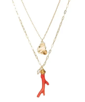 sautoir double rang avec pendentif corail